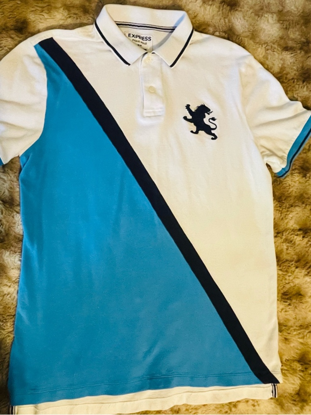 Express White Pique Polo with Navy Collar Stripes